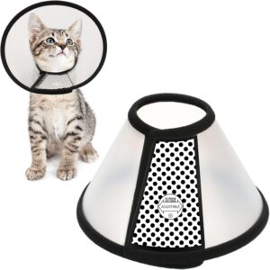 Cat wearing an adjustable plastic recovery E-collar, showing the soft fabric edge and comfortable fit.